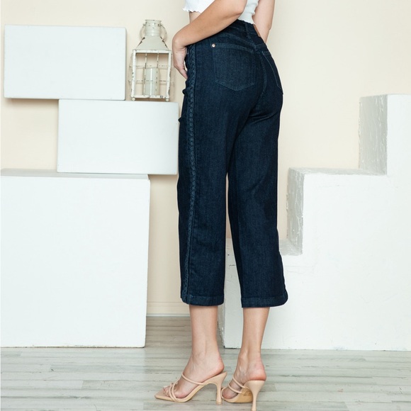 NWT Judy Blue PLUS + REG Size Dark Wash Braided Side Seam Cropped Wide Leg Jeans - Picture 8 of 10